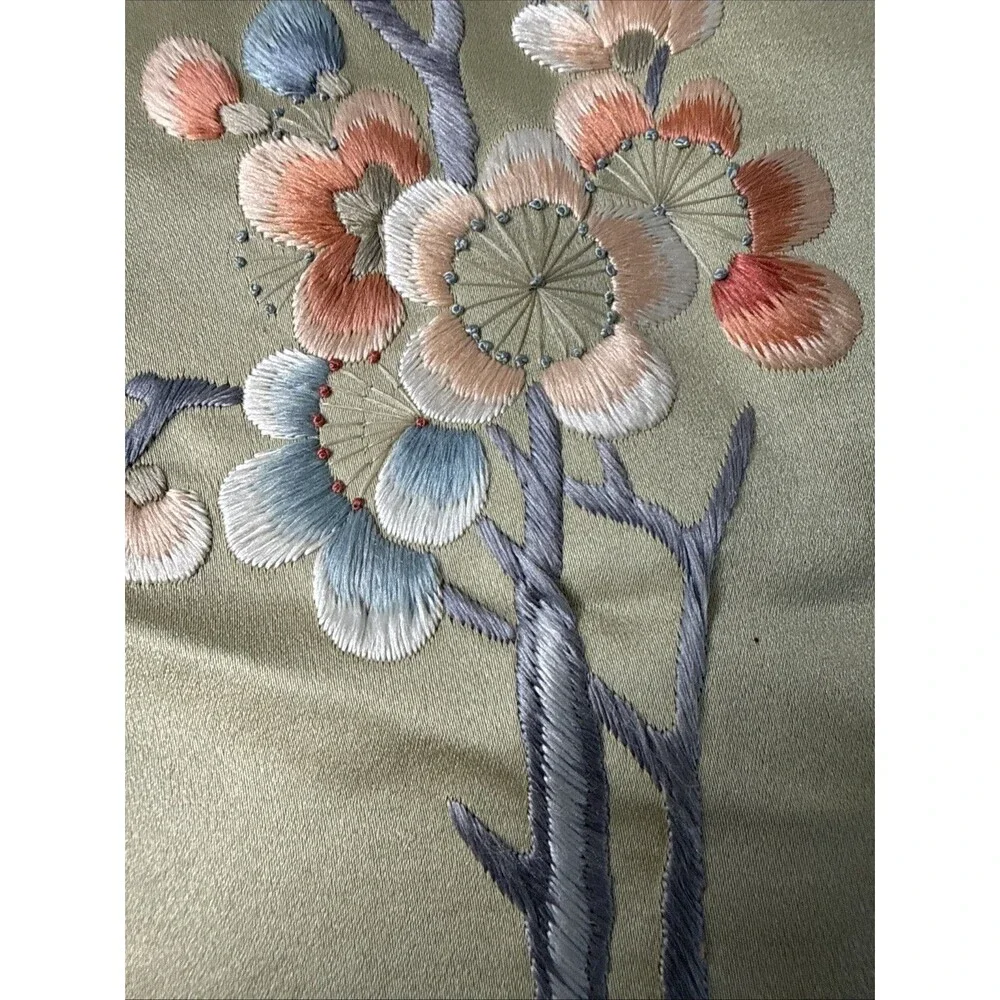 Vintage Asian Silk Hand Embroidered Tapestry Floral Bird Design 13”x26”